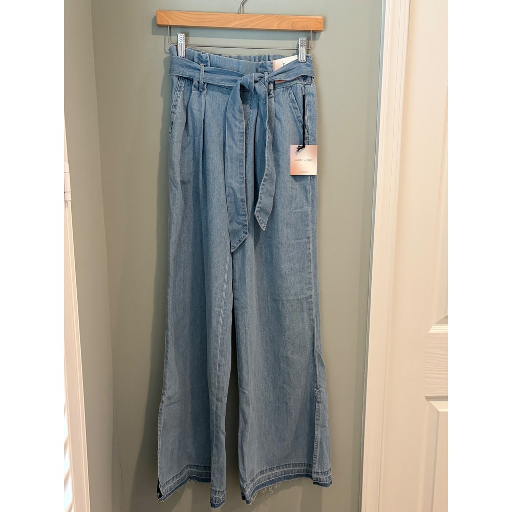 Happily Grey Paperbag Wide Leg Jeans Light Wash High Rise Tie Waist XS New